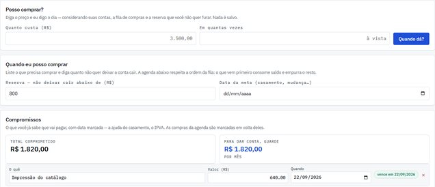 Tela do Horizon: planejador com a pergunta 'posso comprar?', a reserva mínima e a lista de compromissos com data