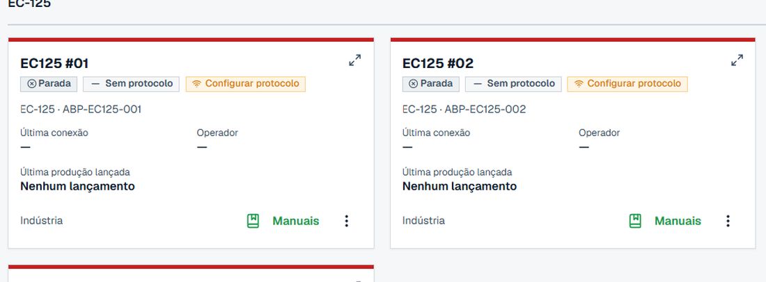 Tela de máquinas do supervisório: cada equipamento com modelo, código, estado de conexão e última produção lançada